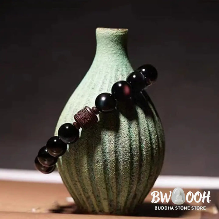 Buddha Stones Natural Gold Sheen Obsidian Rainbow Obsidian Om Mani Padme Hum Fu Character Healing Bracelet - BWOOOH