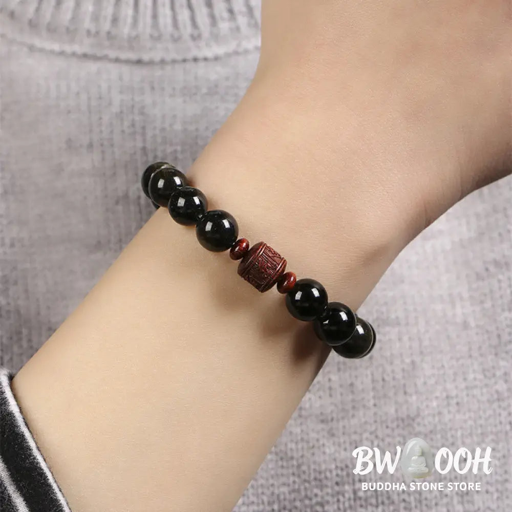 Buddha Stones Natural Gold Sheen Obsidian Rainbow Obsidian Om Mani Padme Hum Fu Character Healing Bracelet - BWOOOH