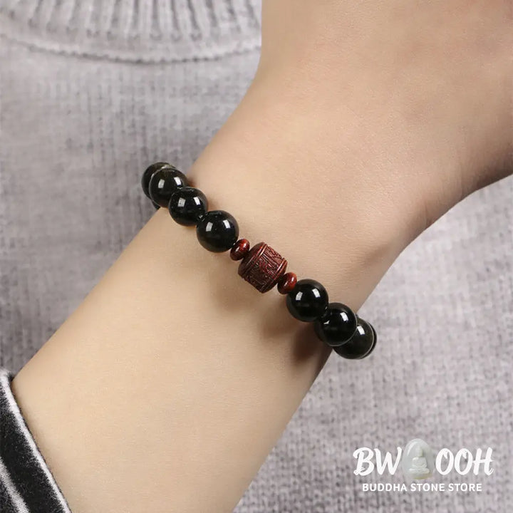Buddha Stones Natural Gold Sheen Obsidian Rainbow Obsidian Om Mani Padme Hum Fu Character Healing Bracelet - BWOOOH