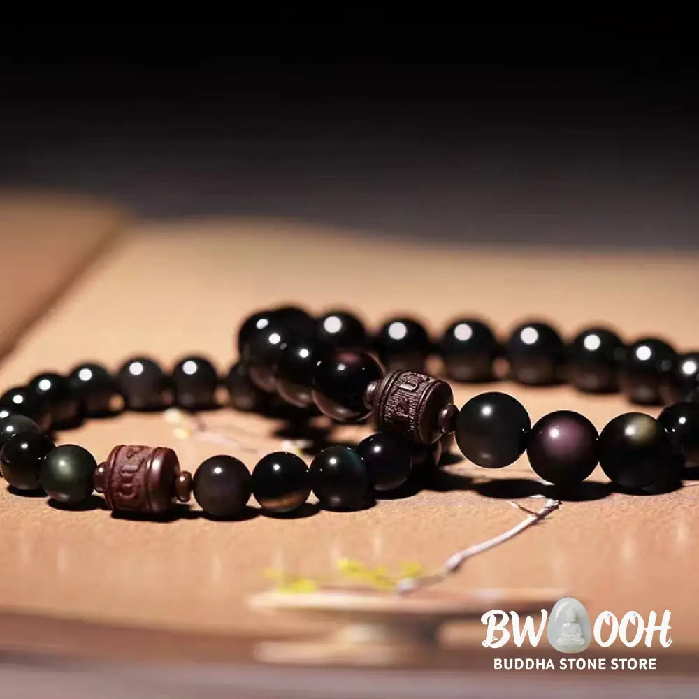 Buddha Stones Natural Gold Sheen Obsidian Rainbow Obsidian Om Mani Padme Hum Fu Character Healing Bracelet - BWOOOH