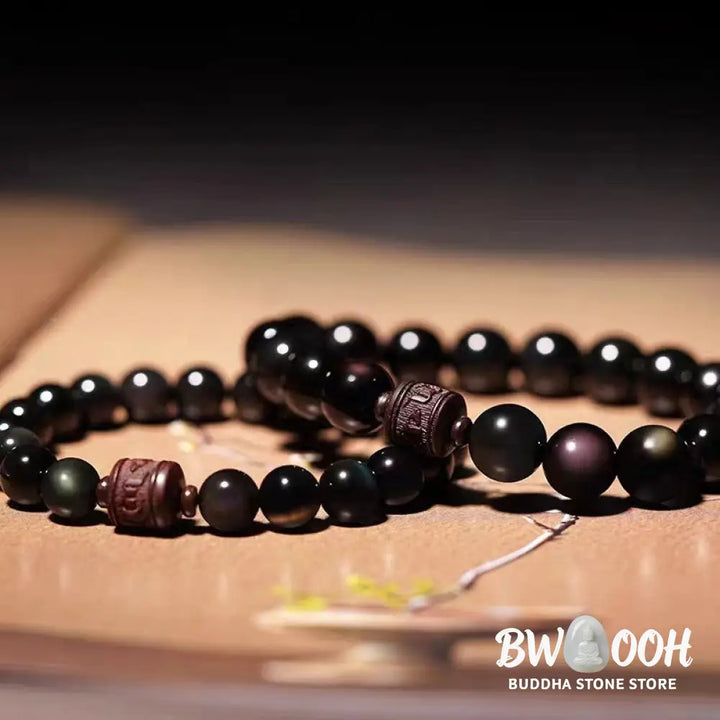 Buddha Stones Natural Gold Sheen Obsidian Rainbow Obsidian Om Mani Padme Hum Fu Character Healing Bracelet - BWOOOH