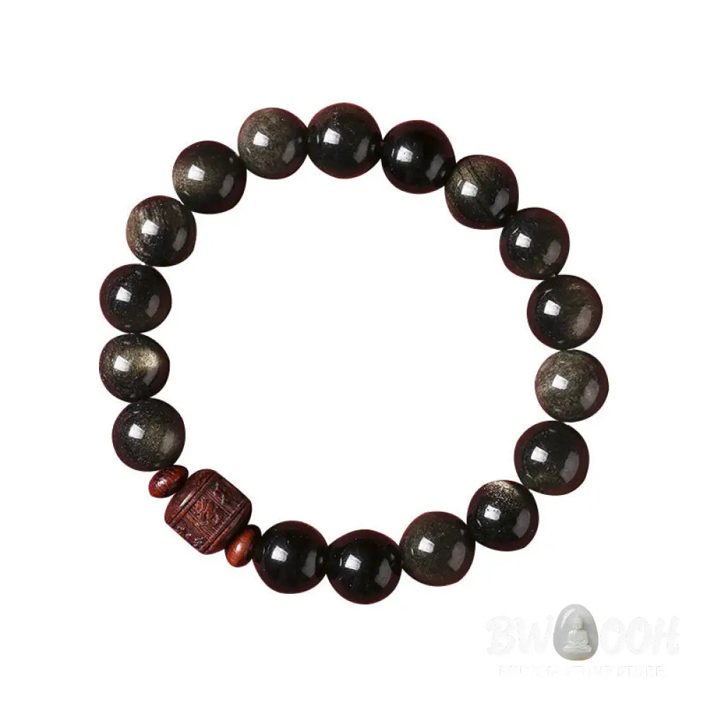 Buddha Stones Natural Gold Sheen Obsidian Rainbow Obsidian Om Mani Padme Hum Fu Character Healing Bracelet - BWOOOH