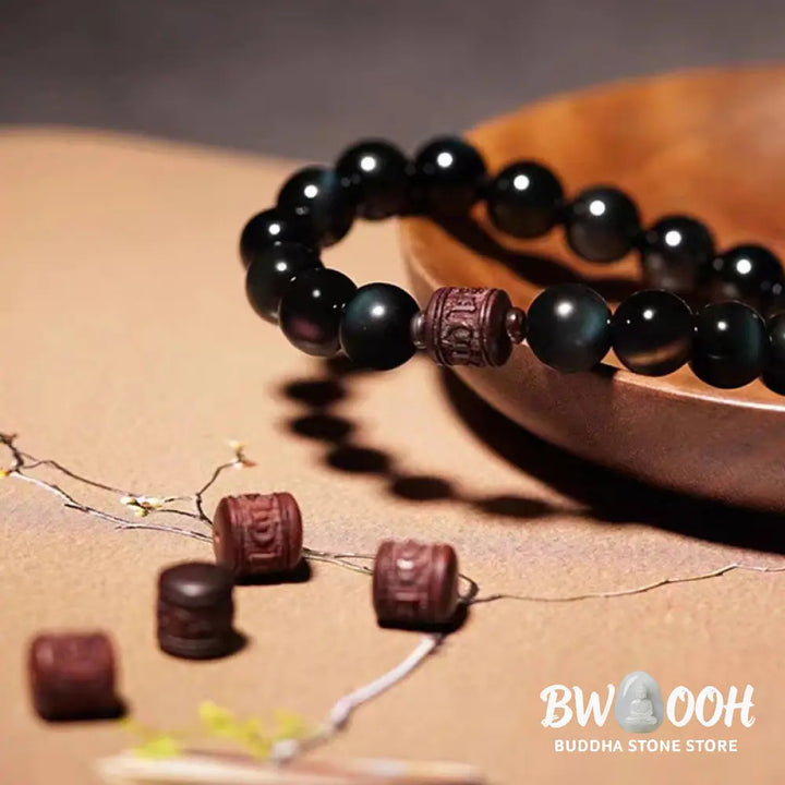 Buddha Stones Natural Gold Sheen Obsidian Rainbow Obsidian Om Mani Padme Hum Fu Character Healing Bracelet - BWOOOH