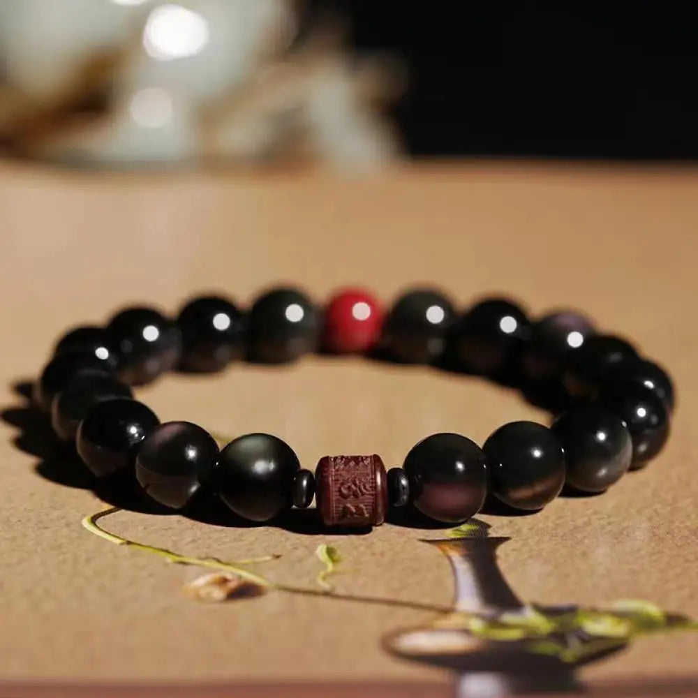 Buddha Stones Natural Gold Sheen Obsidian Rainbow Obsidian Om Mani Padme Hum Fu Character Healing Bracelet - BWOOOH