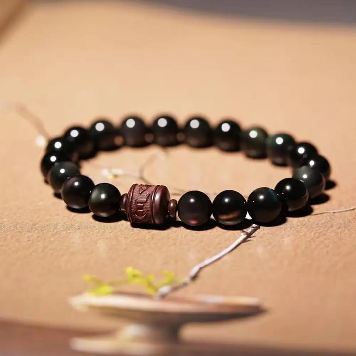 Buddha Stones Natural Gold Sheen Obsidian Rainbow Obsidian Om Mani Padme Hum Fu Character Healing Bracelet - BWOOOH