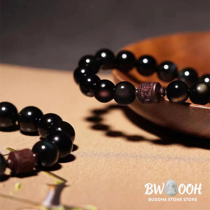 Buddha Stones Natural Gold Sheen Obsidian Rainbow Obsidian Om Mani Padme Hum Fu Character Healing Bracelet - BWOOOH