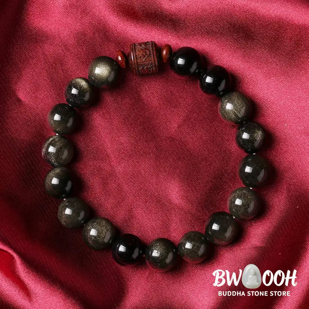 Buddha Stones Natural Gold Sheen Obsidian Rainbow Obsidian Om Mani Padme Hum Fu Character Healing Bracelet - BWOOOH