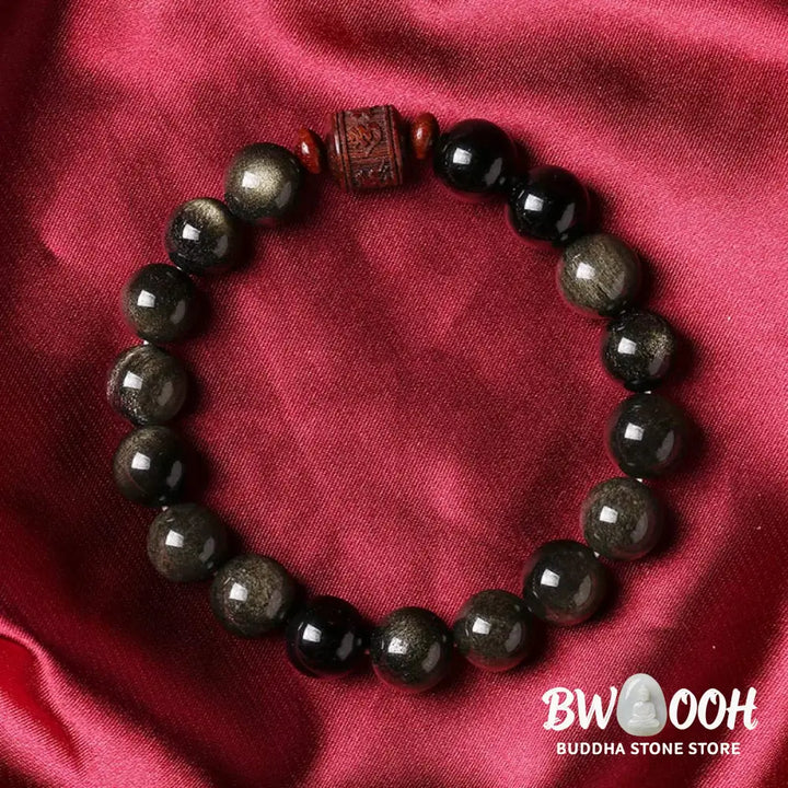 Buddha Stones Natural Gold Sheen Obsidian Rainbow Obsidian Om Mani Padme Hum Fu Character Healing Bracelet - BWOOOH