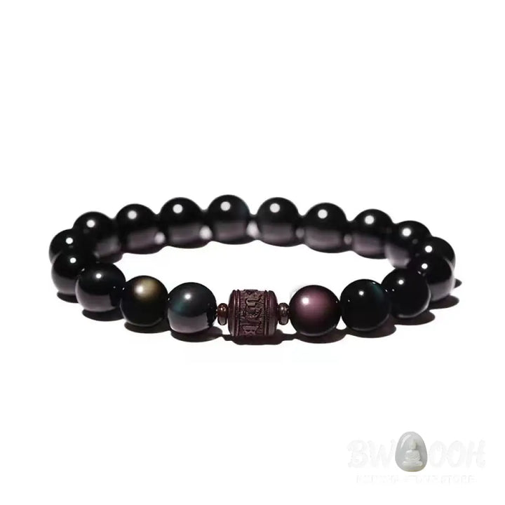 Buddha Stones Natural Gold Sheen Obsidian Rainbow Obsidian Om Mani Padme Hum Fu Character Healing Bracelet - BWOOOH