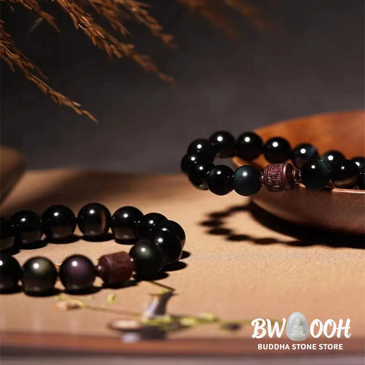 Buddha Stones Natural Gold Sheen Obsidian Rainbow Obsidian Om Mani Padme Hum Fu Character Healing Bracelet - BWOOOH