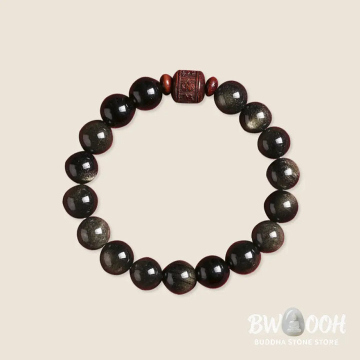 Buddha Stones Natural Gold Sheen Obsidian Rainbow Obsidian Om Mani Padme Hum Fu Character Healing Bracelet - BWOOOH
