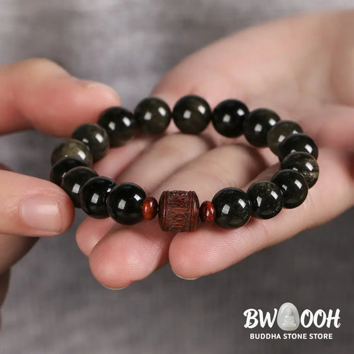 Buddha Stones Natural Gold Sheen Obsidian Rainbow Obsidian Om Mani Padme Hum Fu Character Healing Bracelet - BWOOOH