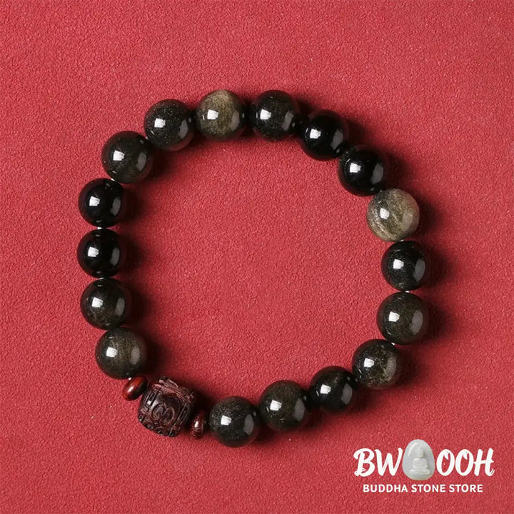 Buddha Stones Natural Gold Sheen Obsidian Rainbow Obsidian Om Mani Padme Hum Fu Character Healing Bracelet - BWOOOH