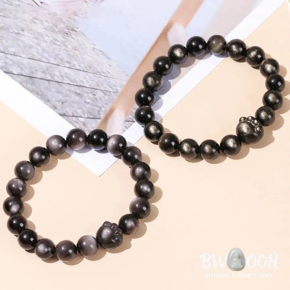 Buddha Stones Natural Gold Sheen Obsidian Silver Sheen Obsidian Cute Cat Paw Claw Wealth Bracelet - BWOOOH - Bracelet