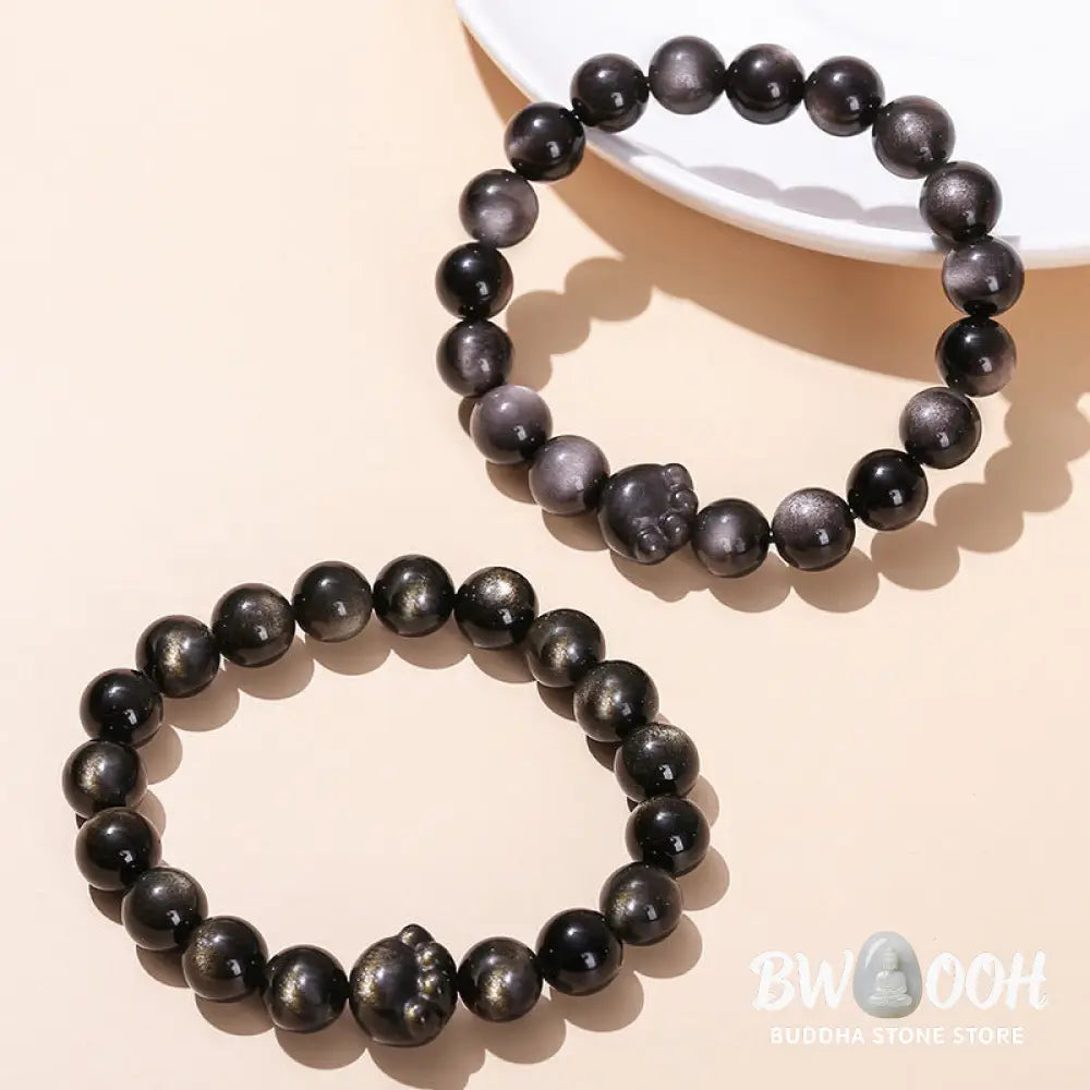 Buddha Stones Natural Gold Sheen Obsidian Silver Sheen Obsidian Cute Cat Paw Claw Wealth Bracelet - BWOOOH - Bracelet