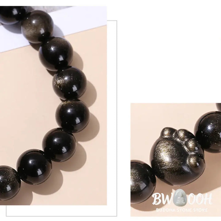 Buddha Stones Natural Gold Sheen Obsidian Silver Sheen Obsidian Cute Cat Paw Claw Wealth Bracelet - BWOOOH - Bracelet