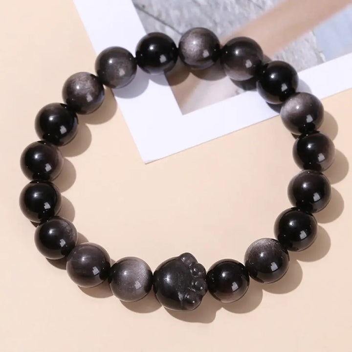 Buddha Stones Natural Gold Sheen Obsidian Silver Sheen Obsidian Cute Cat Paw Claw Wealth Bracelet - BWOOOH - Silver