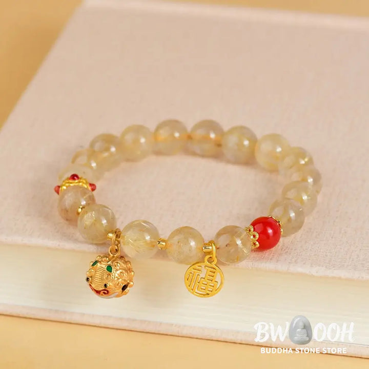 Buddha Stones Natural Golden Rutilated Quartz Fu Character Charm Bell Wealth Bracelet - BWOOOH - Rutilated