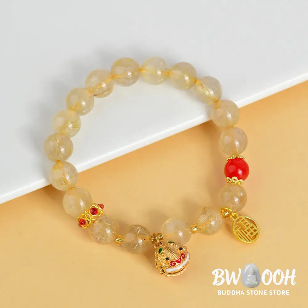 Buddha Stones Natural Golden Rutilated Quartz Fu Character Charm Bell Wealth Bracelet - BWOOOH - Rutilated