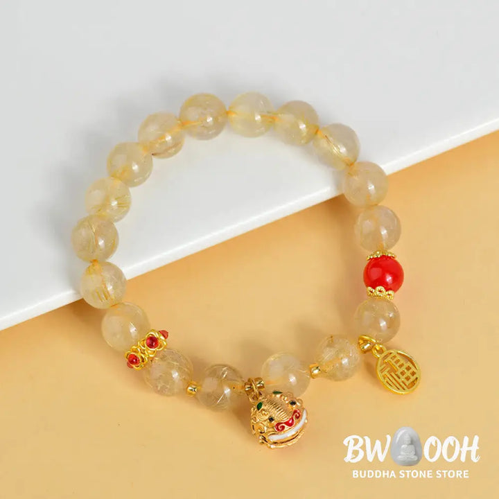 Buddha Stones Natural Golden Rutilated Quartz Fu Character Charm Bell Wealth Bracelet - BWOOOH - Rutilated