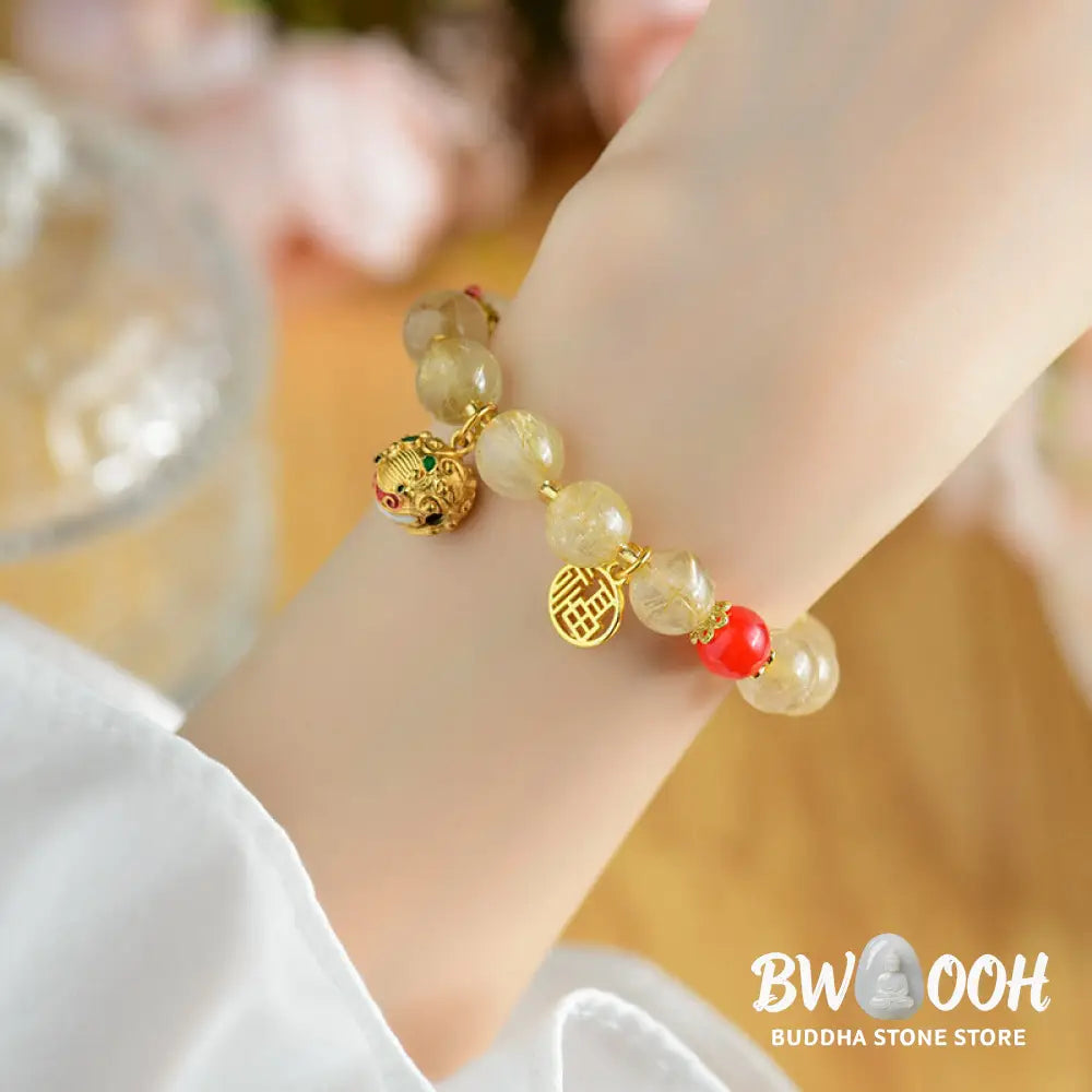 Buddha Stones Natural Golden Rutilated Quartz Fu Character Charm Bell Wealth Bracelet - BWOOOH - Rutilated