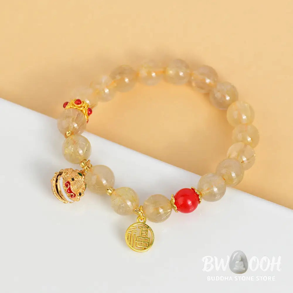 Buddha Stones Natural Golden Rutilated Quartz Fu Character Charm Bell Wealth Bracelet - BWOOOH - Rutilated