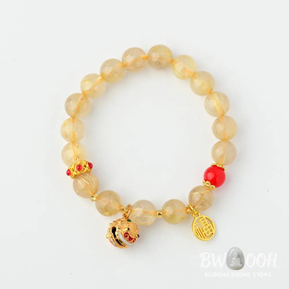 Buddha Stones Natural Golden Rutilated Quartz Fu Character Charm Bell Wealth Bracelet - BWOOOH - Rutilated