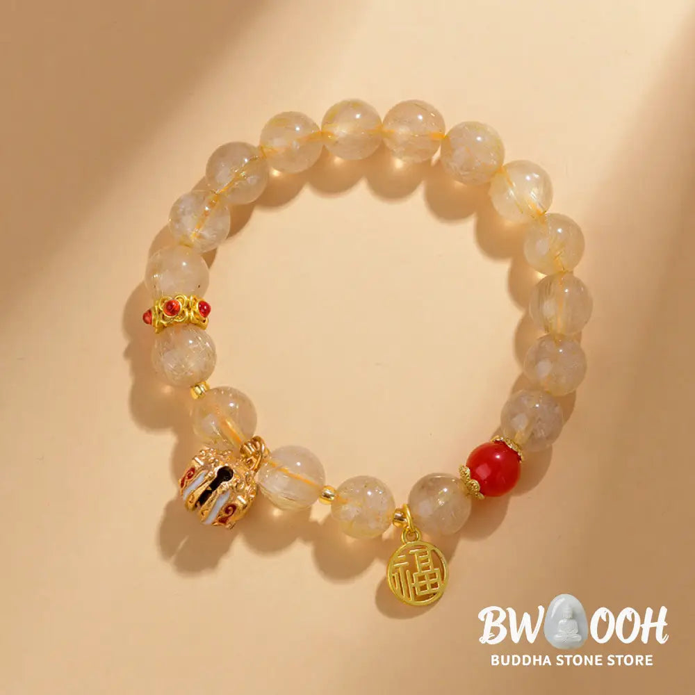 Buddha Stones Natural Golden Rutilated Quartz Fu Character Charm Bell Wealth Bracelet - BWOOOH - Rutilated