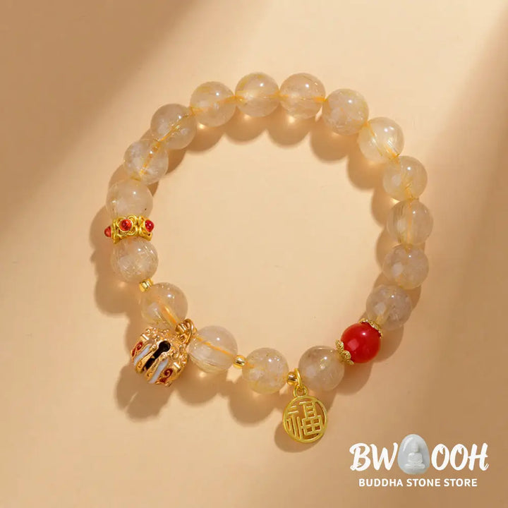Buddha Stones Natural Golden Rutilated Quartz Fu Character Charm Bell Wealth Bracelet - BWOOOH - Rutilated