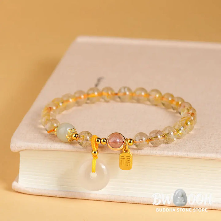 Buddha Stones Natural Golden Rutilated Quartz Fu Character Peace Buckle Charm Wealth Bracelet - BWOOOH - Rutilated