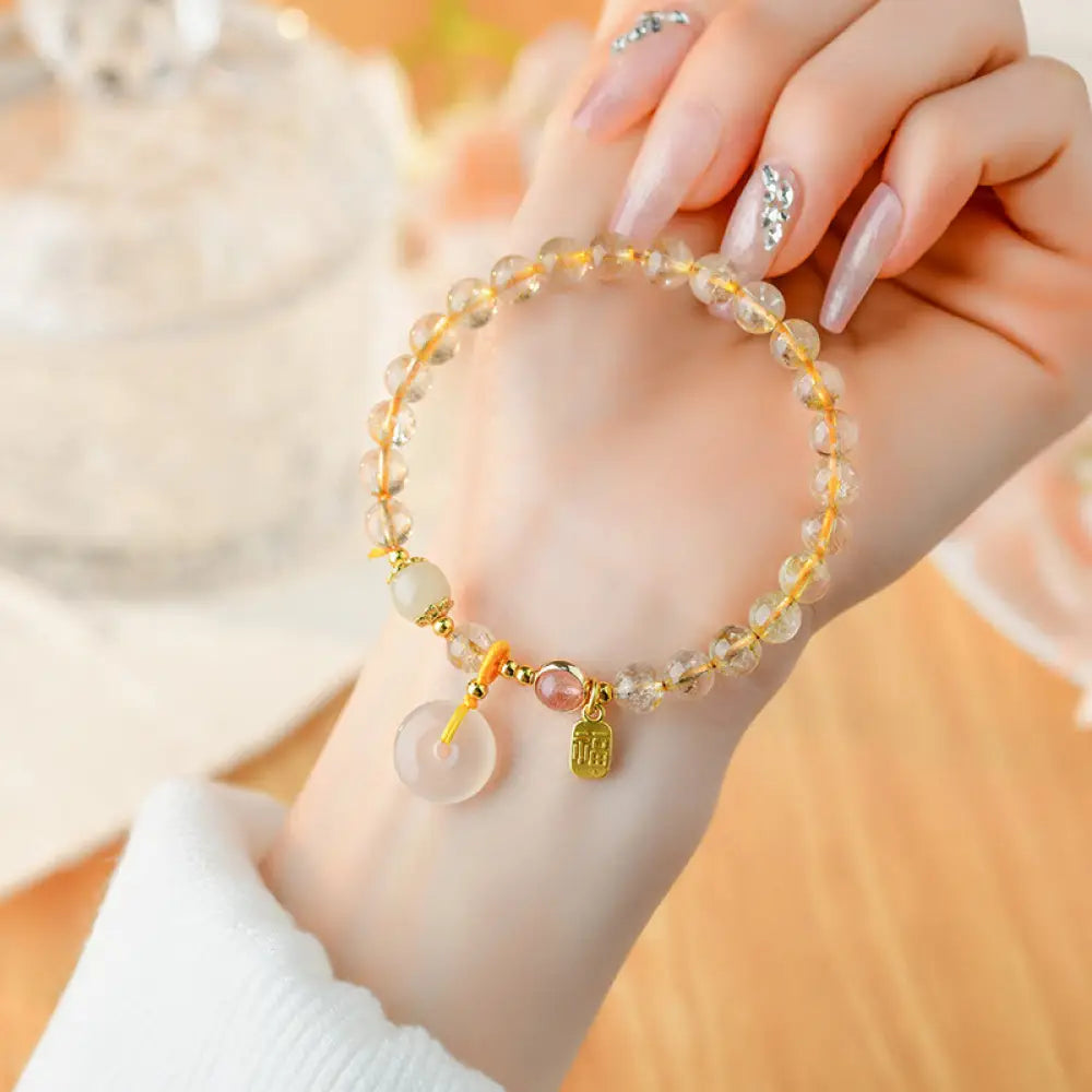 BWOOOH Natural Golden Rutilated Quartz Fu Character Peace Buckle Charm Wealth Bracelet - BWOOOH - Rutilated