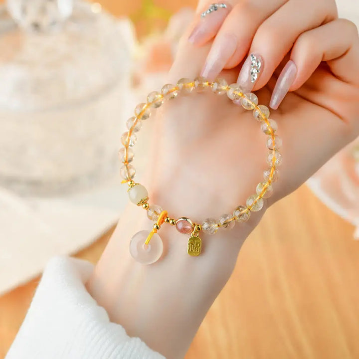BWOOOH Natural Golden Rutilated Quartz Fu Character Peace Buckle Charm Wealth Bracelet - BWOOOH - Rutilated