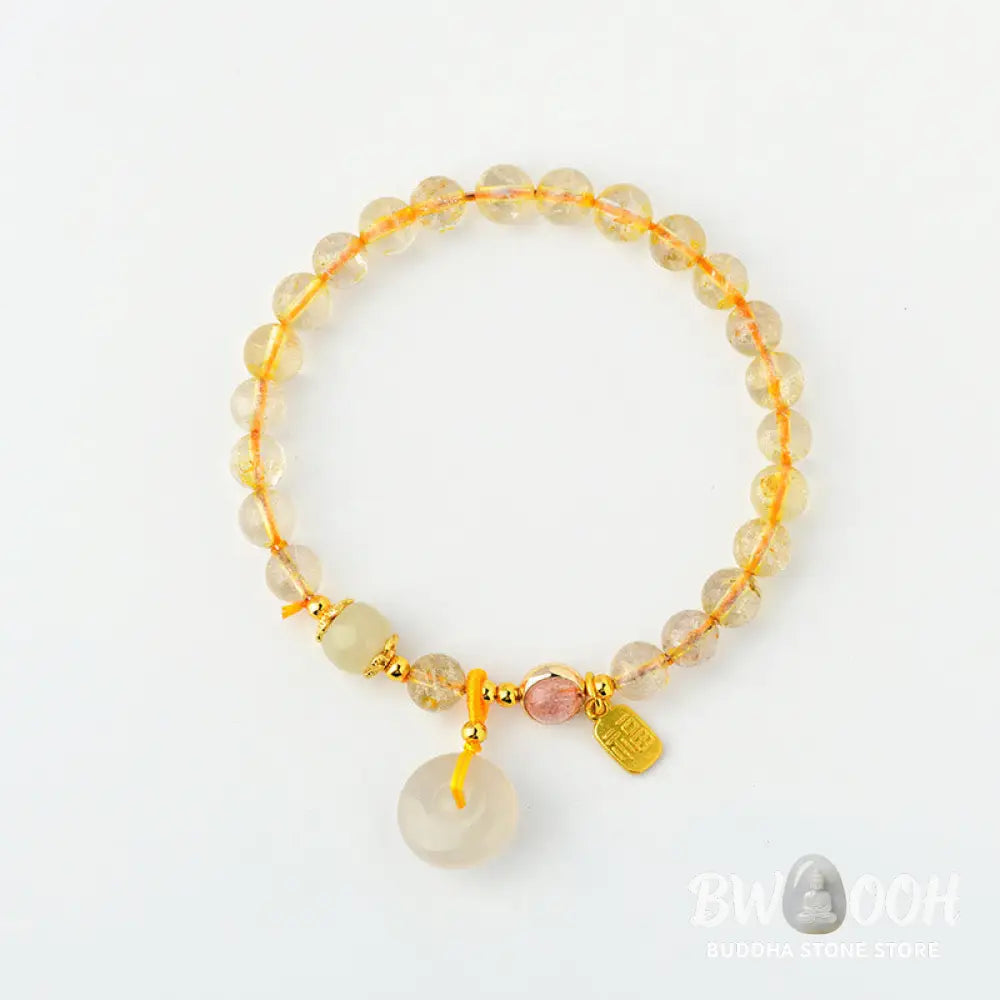 Buddha Stones Natural Golden Rutilated Quartz Fu Character Peace Buckle Charm Wealth Bracelet - BWOOOH - Rutilated