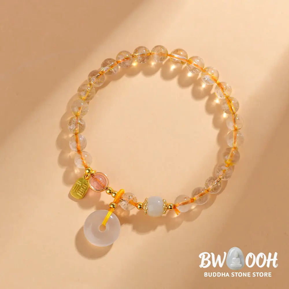 Buddha Stones Natural Golden Rutilated Quartz Fu Character Peace Buckle Charm Wealth Bracelet - BWOOOH - Rutilated