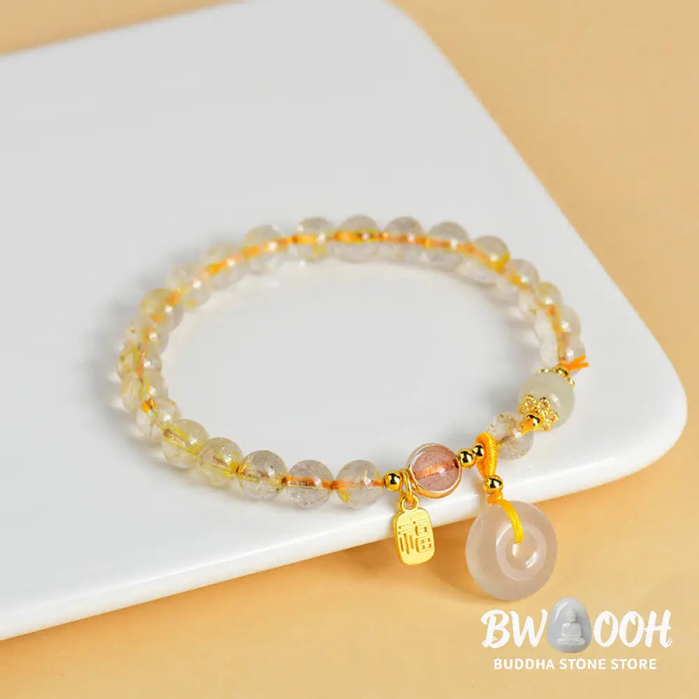 Buddha Stones Natural Golden Rutilated Quartz Fu Character Peace Buckle Charm Wealth Bracelet - BWOOOH - Rutilated