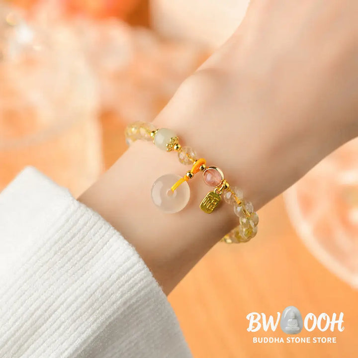 Buddha Stones Natural Golden Rutilated Quartz Fu Character Peace Buckle Charm Wealth Bracelet - BWOOOH - Rutilated