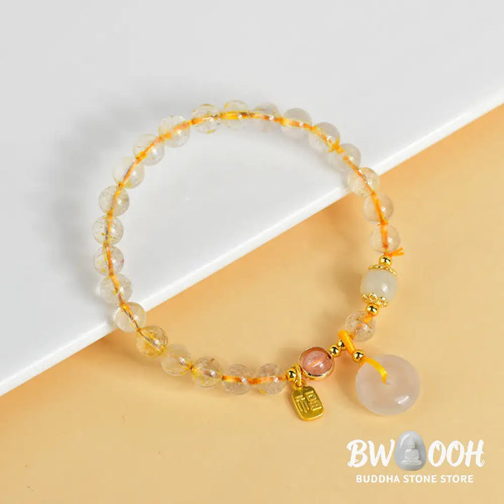 Buddha Stones Natural Golden Rutilated Quartz Fu Character Peace Buckle Charm Wealth Bracelet - BWOOOH - Rutilated