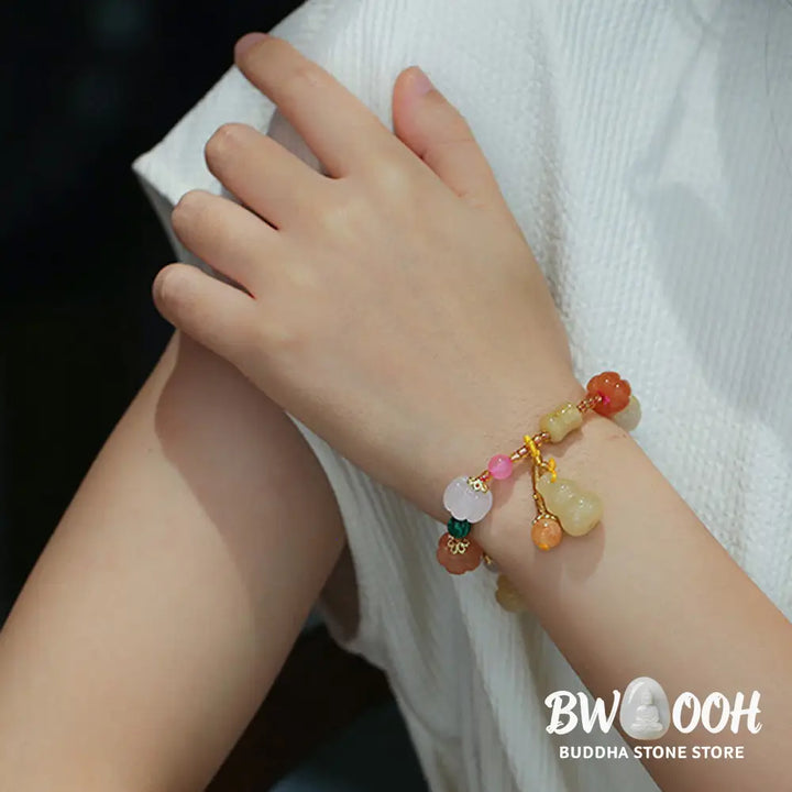 BWOOOH Natural Golden Silk Jade Crystals Gourd Pixiu Pumpkin Beads Wealth Charm Bracelet - Golden Silk