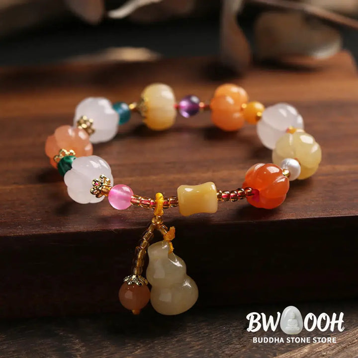 BWOOOH Natural Golden Silk Jade Crystals Gourd Pixiu Pumpkin Beads Wealth Charm Bracelet - Golden Silk