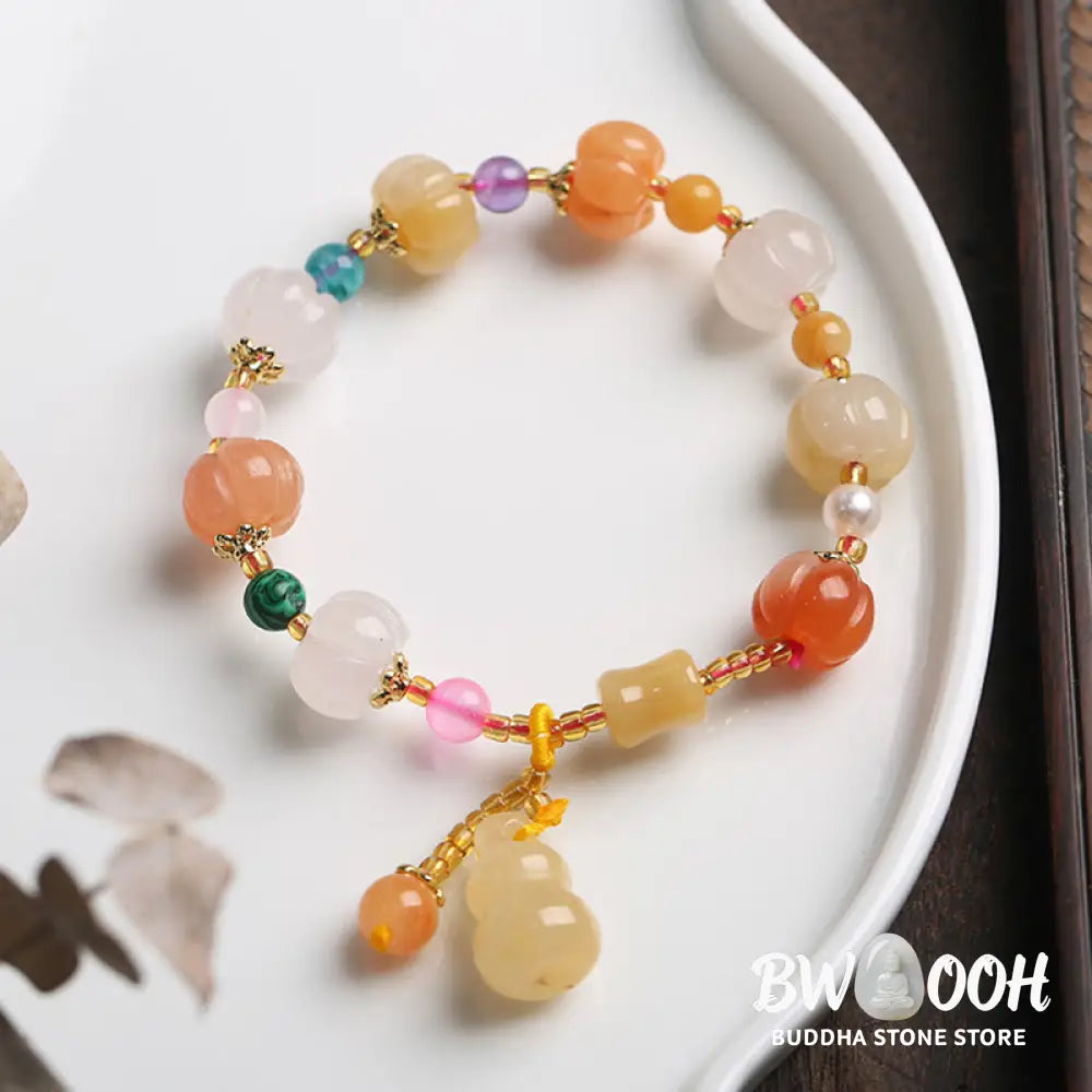BWOOOH Natural Golden Silk Jade Crystals Gourd Pixiu Pumpkin Beads Wealth Charm Bracelet - Golden Silk