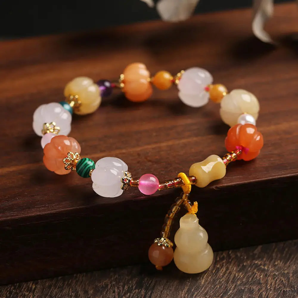 BWOOOH Natural Golden Silk Jade Crystals Gourd Pixiu Pumpkin Beads Wealth Charm Bracelet - Golden Silk