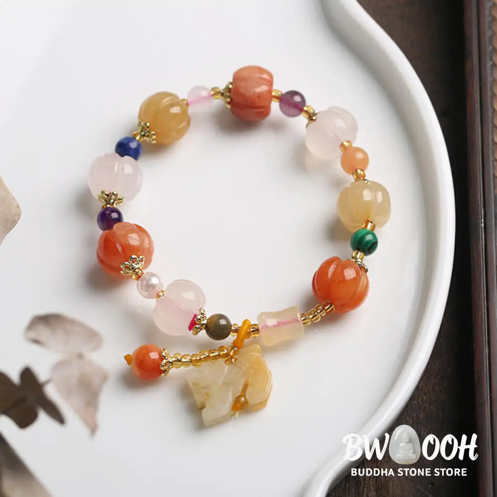 BWOOOH Natural Golden Silk Jade Crystals Gourd Pixiu Pumpkin Beads Wealth Charm Bracelet - Golden Silk