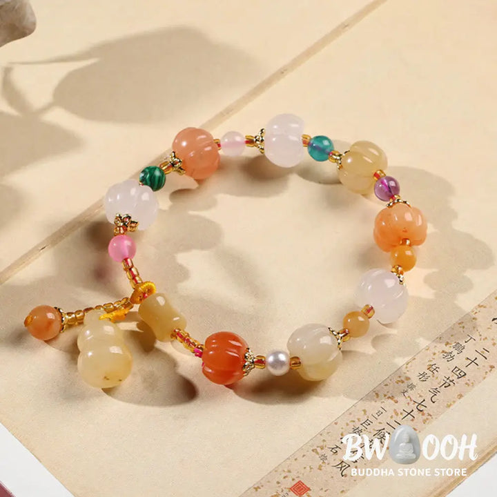 BWOOOH Natural Golden Silk Jade Crystals Gourd Pixiu Pumpkin Beads Wealth Charm Bracelet - Golden Silk