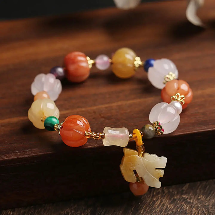 BWOOOH Natural Golden Silk Jade Crystals Gourd Pixiu Pumpkin Beads Wealth Charm Bracelet - Golden Silk