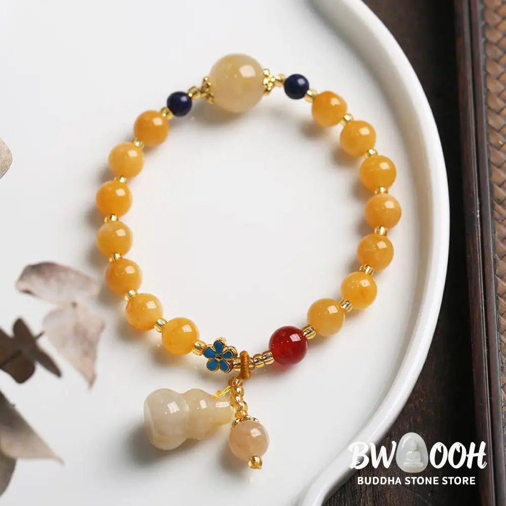 Buddha Stones Natural Golden Silk Jade Gourd Charm Wealth Luck Bracelet - BWOOOH - Golden Silk Jade(Wrist Circumference