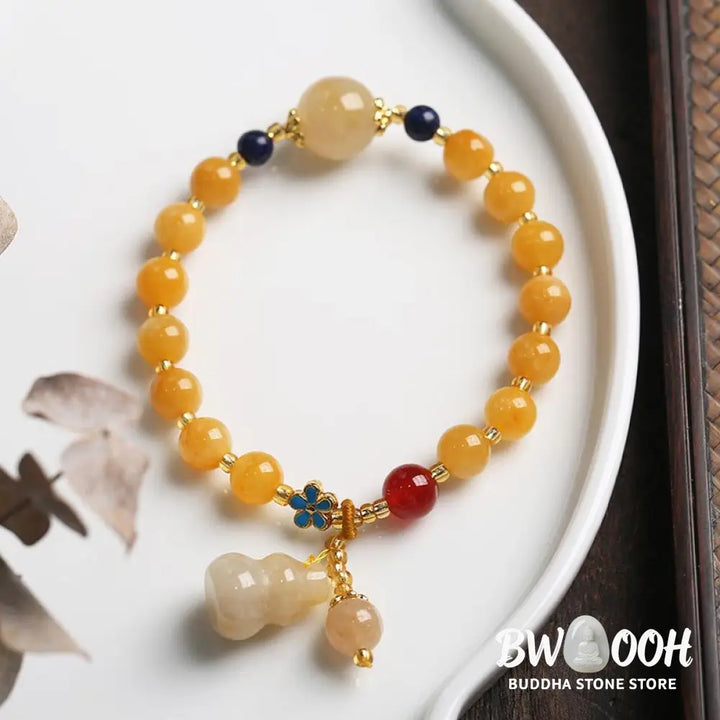 Buddha Stones Natural Golden Silk Jade Gourd Charm Wealth Luck Bracelet - BWOOOH - Golden Silk Jade(Wrist Circumference