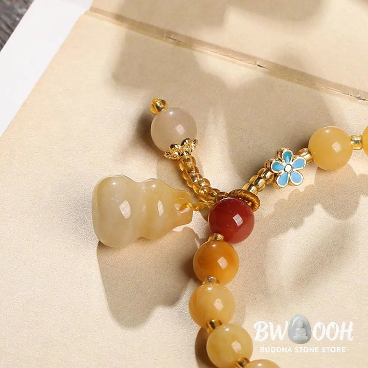 Buddha Stones Natural Golden Silk Jade Gourd Charm Wealth Luck Bracelet - BWOOOH - Golden Silk Jade(Wrist Circumference