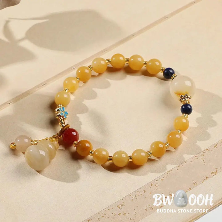 Buddha Stones Natural Golden Silk Jade Gourd Charm Wealth Luck Bracelet - BWOOOH - Golden Silk Jade(Wrist Circumference