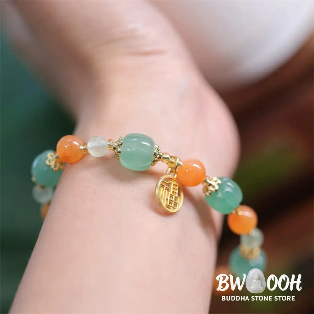 Buddha Stones Natural Golden Silk Jade Pumpkin Bead Fu Character Charm Wealth Bracelet - BWOOOH - Golden Silk Jade(Ward