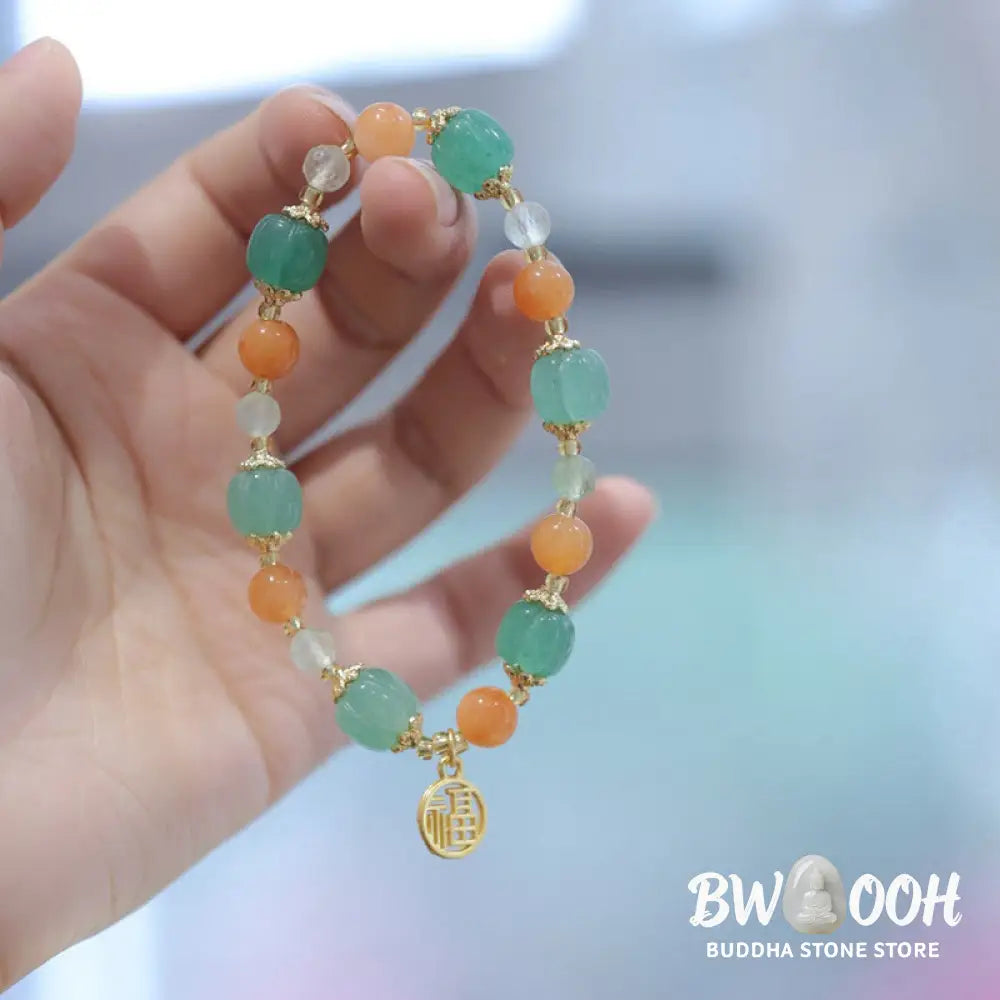Buddha Stones Natural Golden Silk Jade Pumpkin Bead Fu Character Charm Wealth Bracelet - BWOOOH - Golden Silk Jade(Ward